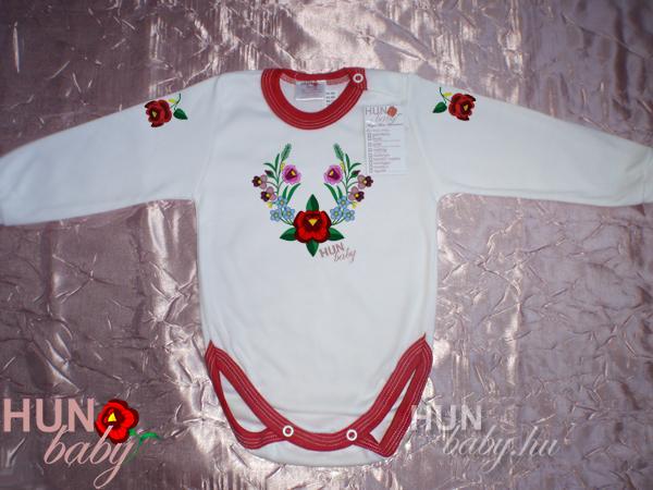 Bébi rugi - Body hosszú ujjas - kézzel hímzett fenyőágas kalocsai mintával - Ildikóm