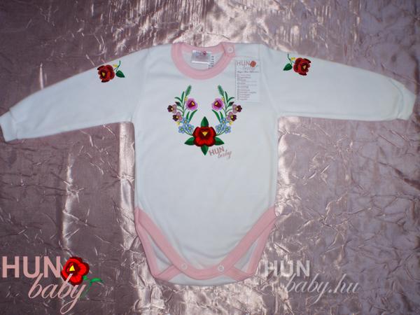Bébi rugi - Body hosszú ujjas - kézzel hímzett fenyőágas kalocsai mintával - Ildikóm
